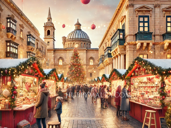 Maltese Christmas market, showcasing festive decorations, local crafts, and holiday treats in a lively historic square. 