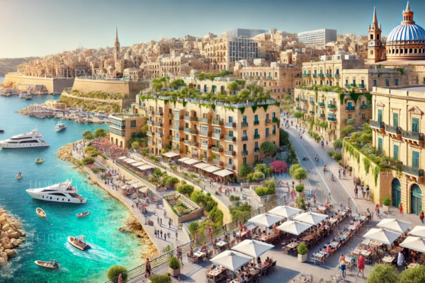 Visualize Malta’s economic growth with a bustling urban skyline, thriving tourism activities, and serene Mediterranean seas. Highlight prosperity and sustainability through clear skies, vibrant greenery, and modern infrastructure.